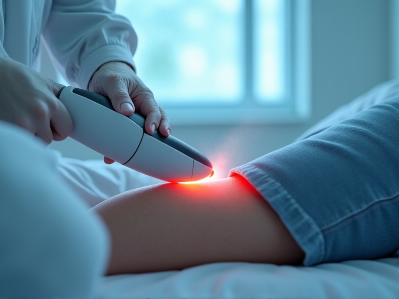 A close-up image of a handheld cryo treatment device being applied to a person's knee. The device emits a cool mist, and the surrounding skin appears slightly red from the cold. The background is a modern clinic setting with clean, white walls and soft lighting, creating a professional and calming atmosphere.