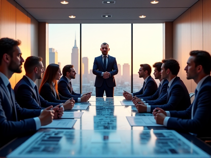 A business meeting in a modern office setting, where a franchisor is presenting a multi-modality recovery center franchise blueprint to potential franchisees. The room is filled with enthusiasm and optimism, as the attendees review detailed plans, financial projections, and marketing strategies. The image conveys the promise of a successful and rewarding business venture.
