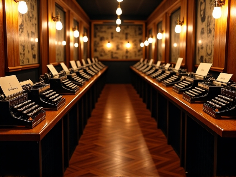 A retro-themed typewriter exhibition with attendees dressed in 1920s attire, surrounded by vintage decor and typewriters of various designs.