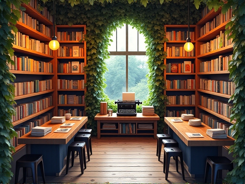A charming independent bookstore with wooden shelves filled with books, soft ambient lighting, and a small stage set up for a typewriter poetry slam. The space is inviting, with a mix of vintage and modern decor, creating the perfect setting for a creative gathering.