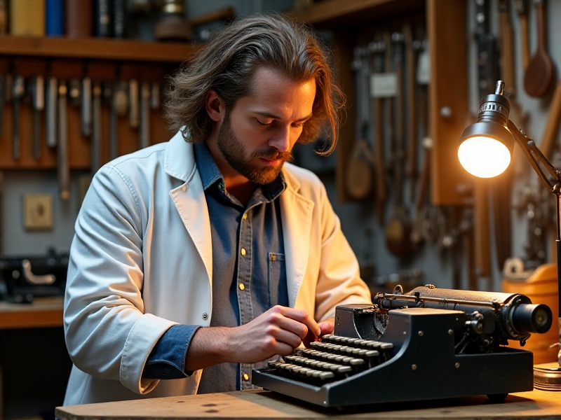 A skilled technician repairing a typewriter in a well-lit workshop, surrounded by tools and spare parts, showcasing expertise and dedication to craftsmanship.
