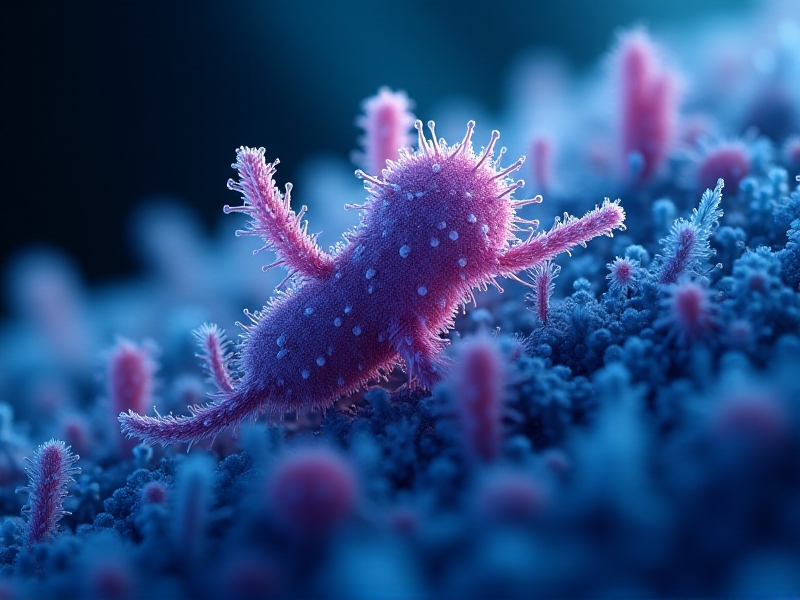 A microscopic view of various microbial contaminants, including bacteria and fungi, magnified under a high-powered microscope. The image shows intricate details of the microorganisms, with vibrant colors highlighting their structures. The background is dark, emphasizing the scientific and investigative nature of microbial analysis.