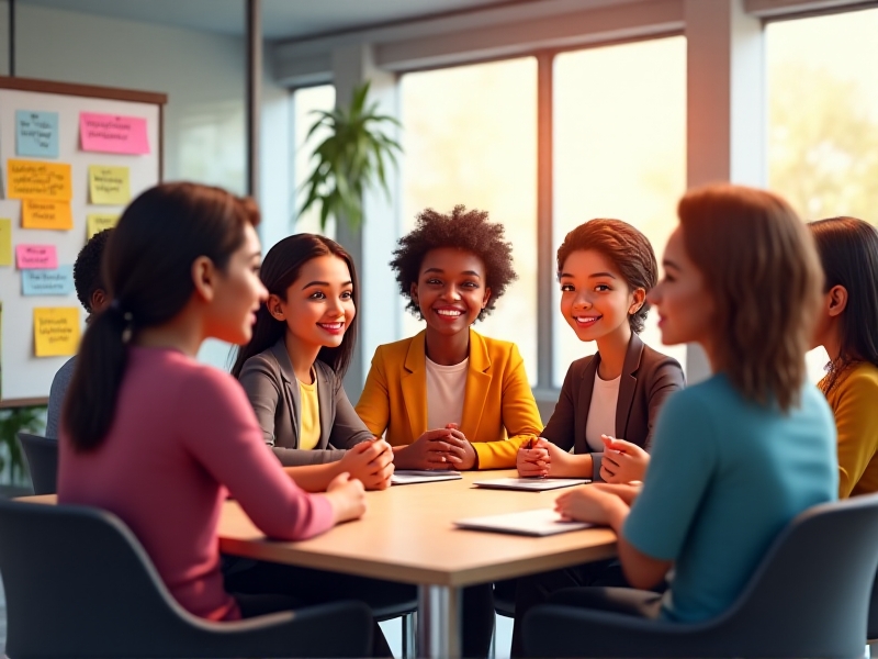A group of diverse employees smiling and discussing wellness programs in a modern office setting, highlighting collaboration and a positive workplace culture.
