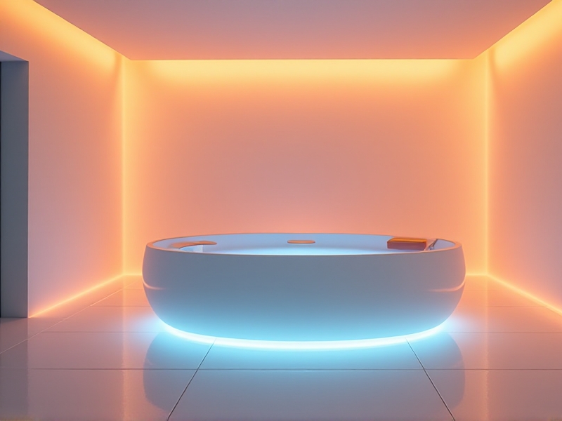 A high-tech float tank with a digital control panel displaying real-time data on water temperature, salinity, and heart rate. The tank is surrounded by soft, ambient lighting, and a smartphone app interface is visible on a nearby tablet.